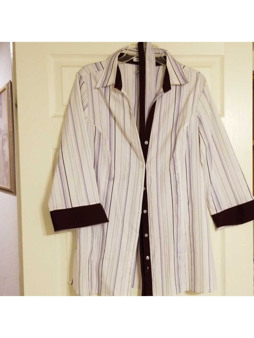 Cotton Express Women's White Blouse with Purple and Silver Stripes, Stretchy, 2X